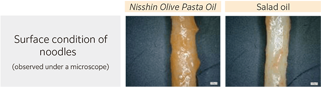 By using Pasta Oil, sauce adherence and glossy noodle surface are maintained