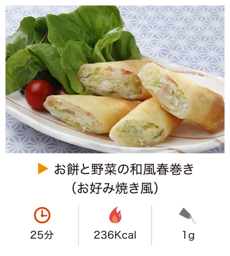 お餅と野菜の和風春巻き（お好み焼き風）