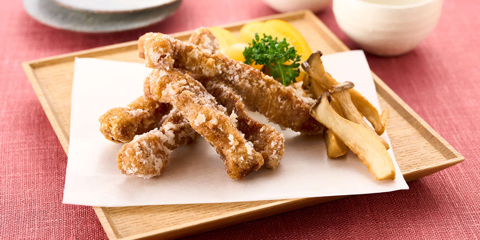 ポークスティックとエリンギの素揚げ