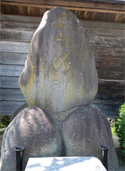 代官・中井清太夫を祀る「芋大明神」の碑。高さ1.7ｍの碑を支える台座の自然石は小粒のじゃがいもそっくり。脇に黒御影石で作られた由来碑が立ちます。