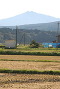 由利本荘は鳥海山の麓に広がる市。稲の刈り入れの終わった向こうに鳥海山がそびえます。