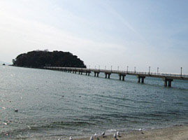 島全体が天然記念物に指定されている「竹島」。長さ387メートルの橋で陸地と結ばれ、島の中央部には日本七弁財天の一つである「八百富神社」があります。