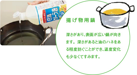 揚げ物用鍋 深さがあり、表面が広い鍋が向きます。