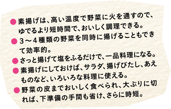 素揚げは、高い温度で野菜に火を通すので、ゆでるより短時間で、おいしく調理できる。