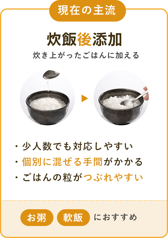 現在の主流「炊飯後添加」炊き上がったごはんに加える